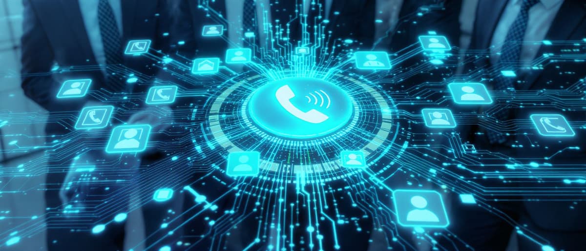 AI voice receptionist concept with digital phone waves connecting recruiters and clients 24/7