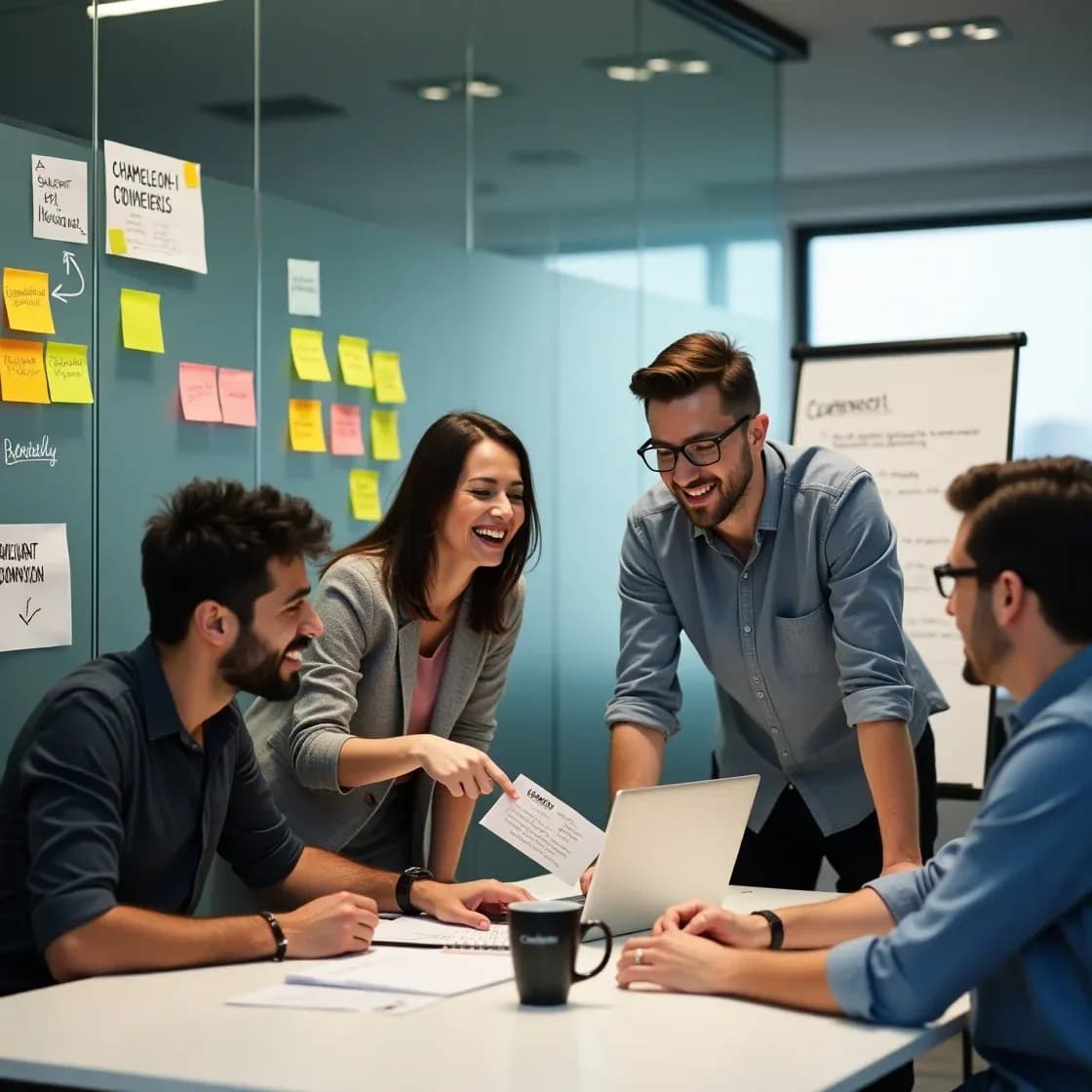 A diverse group of recruiters collaborates around a laptop, discussing Chameleon-i’s new features, including smart navigation, Broadbean integration, and upcoming dashboard tools.