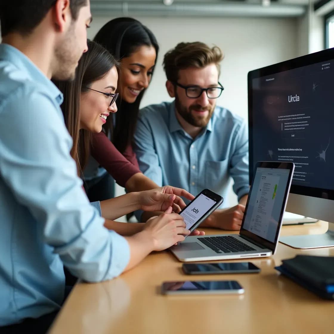 A group of professionals reviewing a responsive recruitment website on a laptop, tablet, and smartphone, highlighting seamless user experience across devices.