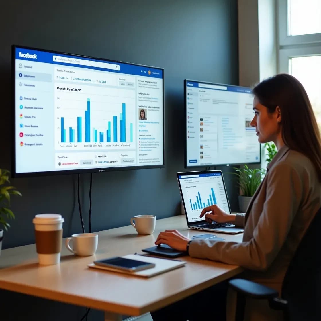 A recruiter reviews Facebook page performance on screen while a colleague messages a candidate via Facebook Messenger, in a modern recruitment agency office using social media tools.