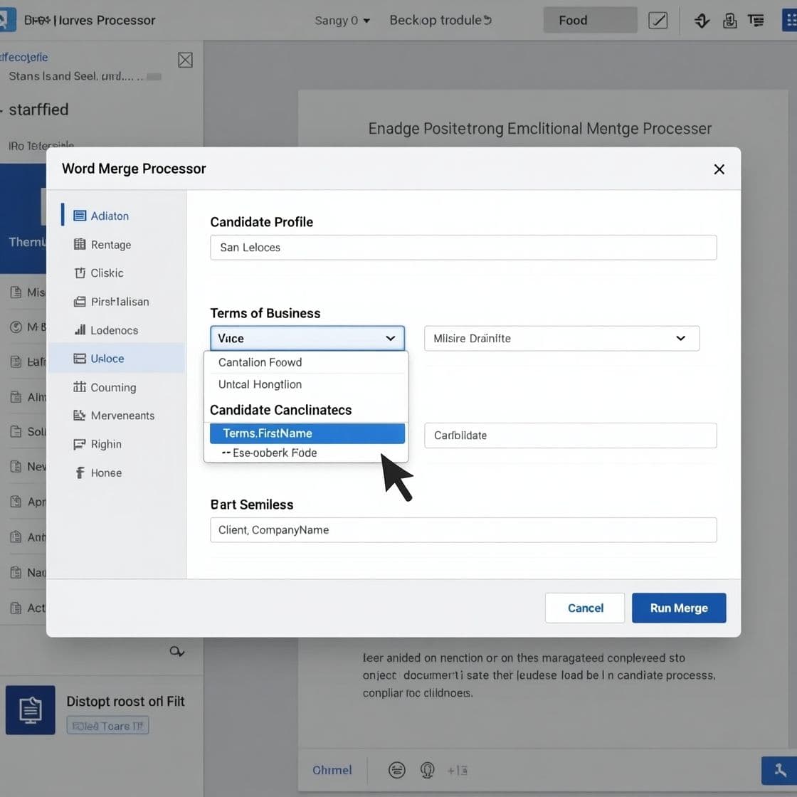 Chameleon-i Word Merge Processor showing template selection and placeholder preview, with a recruiter generating a branded candidate profile using Microsoft Word integration.
