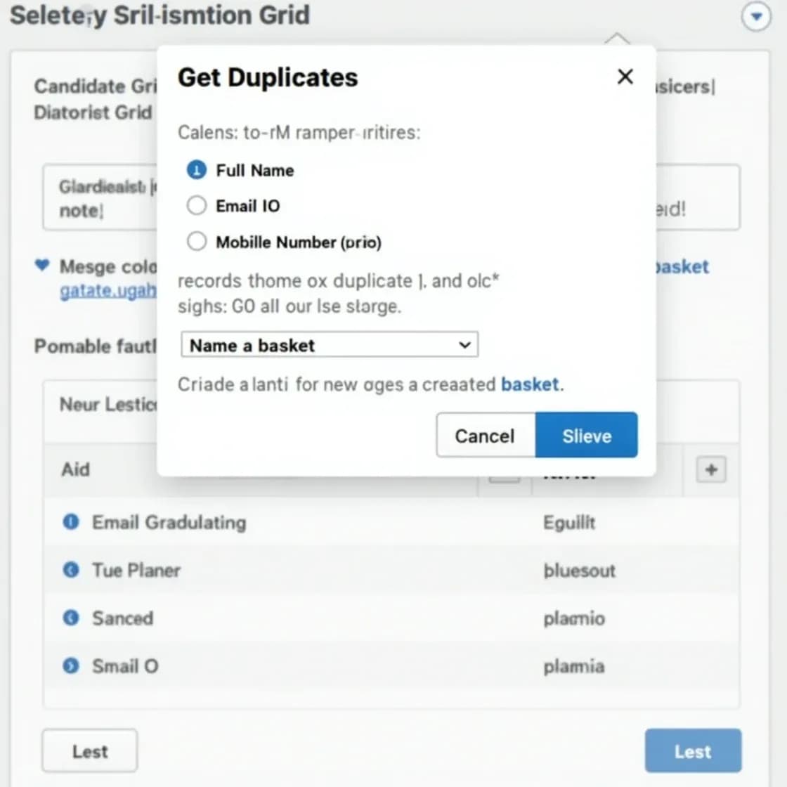 Chameleon-i interface displaying the "Get Duplicates" feature popup, showing options to find duplicate candidates by name, email, or phone. A duplicate results basket is populated for easy merge or delete.