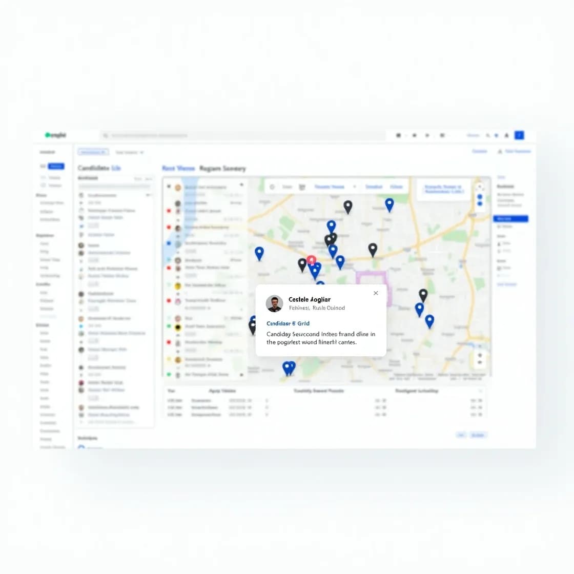 Chameleon-i interface showing a candidate map popup with Google Maps integration for viewing and estimating candidate travel times.