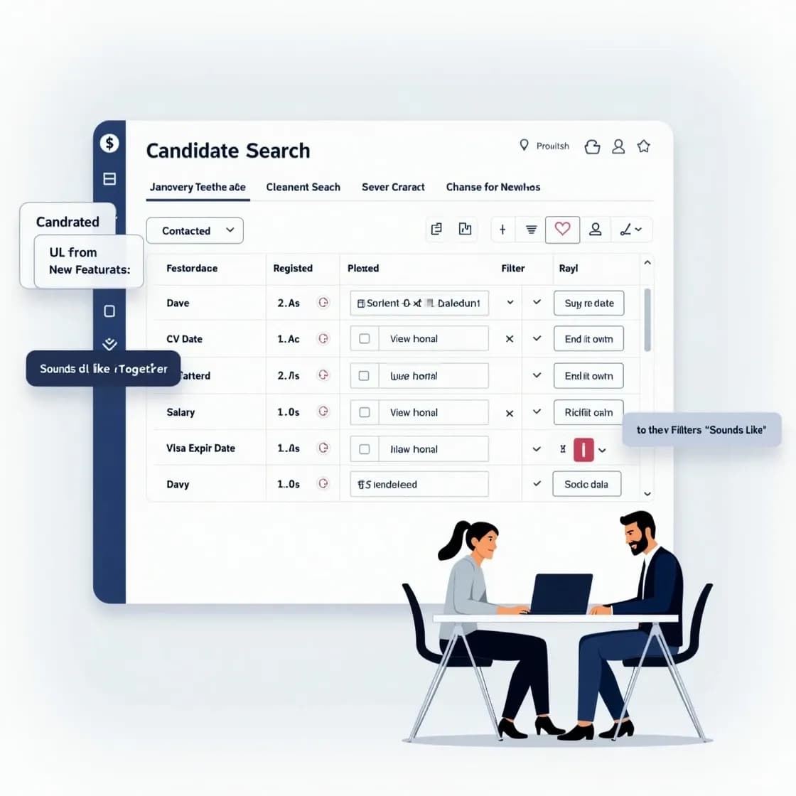 Chameleon-i’s candidate search grid showing new filters like Contacted Date, CV Upload Date, Registered Date, Salary Range, Visa Expiry Date, and a Sounds Like name match