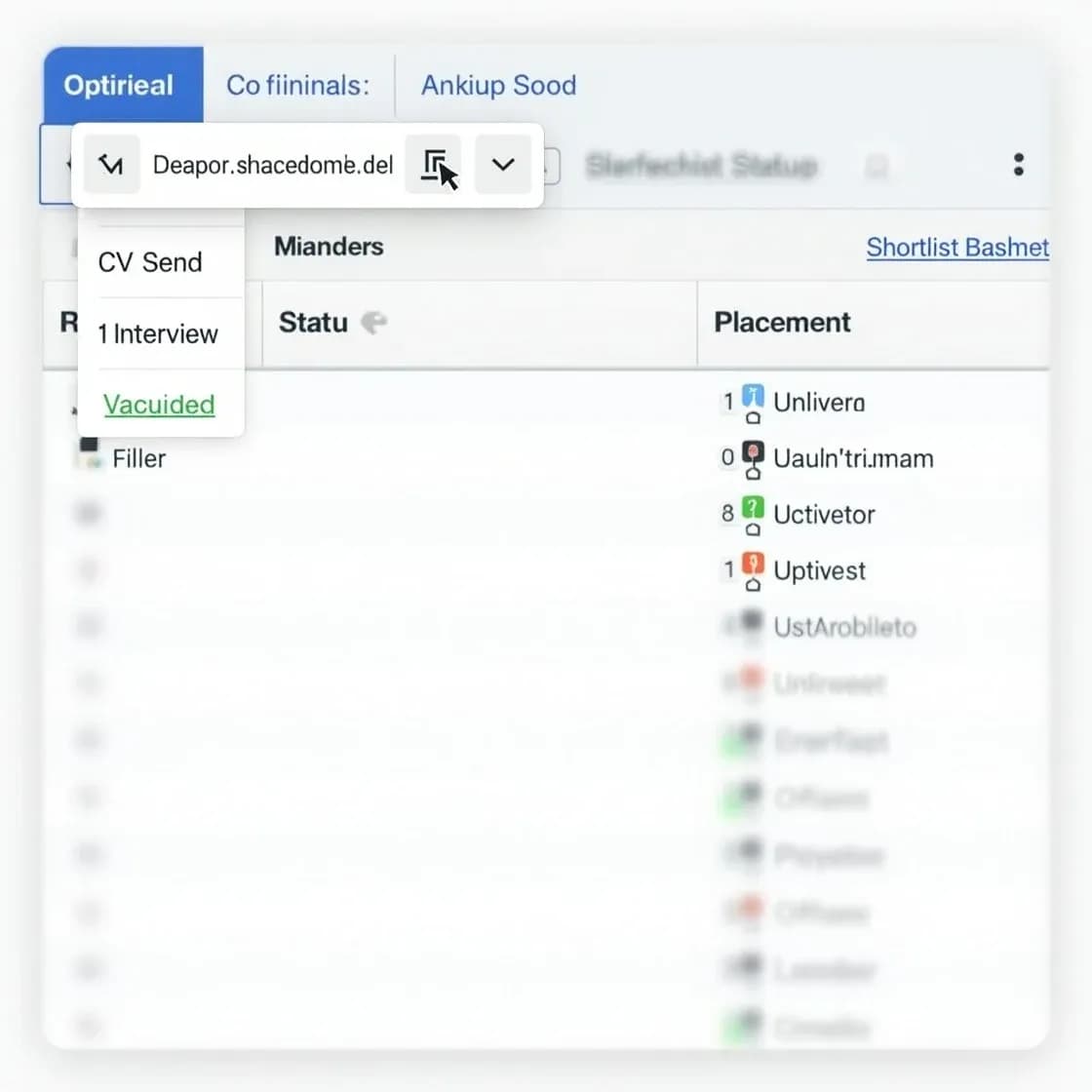 Chameleon-i vacancy grid showing the Shortlist Status column and search filter set to find vacancies at the "1st Interview" stage. Statuses are clearly labeled in-line, making it easy to track progress without opening each record.
