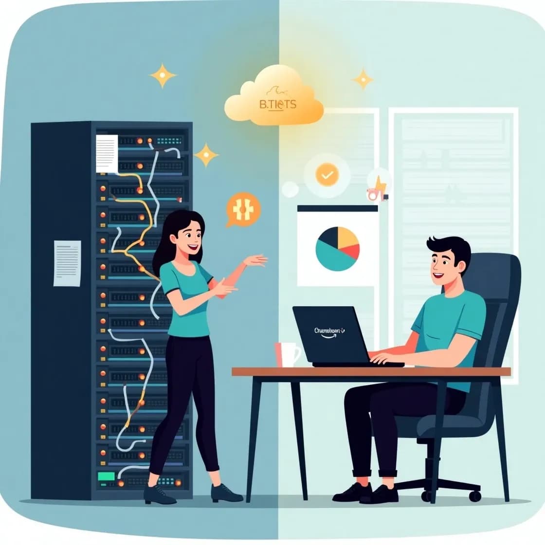 Comparison of server-based and cloud-based recruitment software: one recruiter manages complex server hardware while another easily accesses a cloud-based system like Chameleon-i from a laptop.