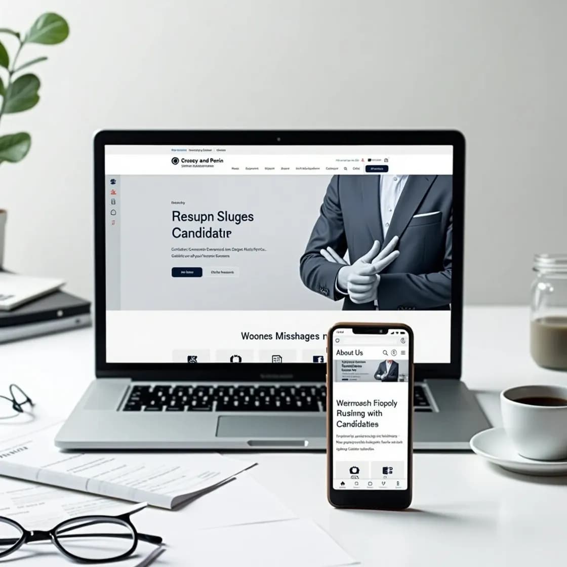 Crosby and Perrin’s modern recruitment website displayed on laptop and mobile, featuring advanced search tools and Chameleon-i software integration.