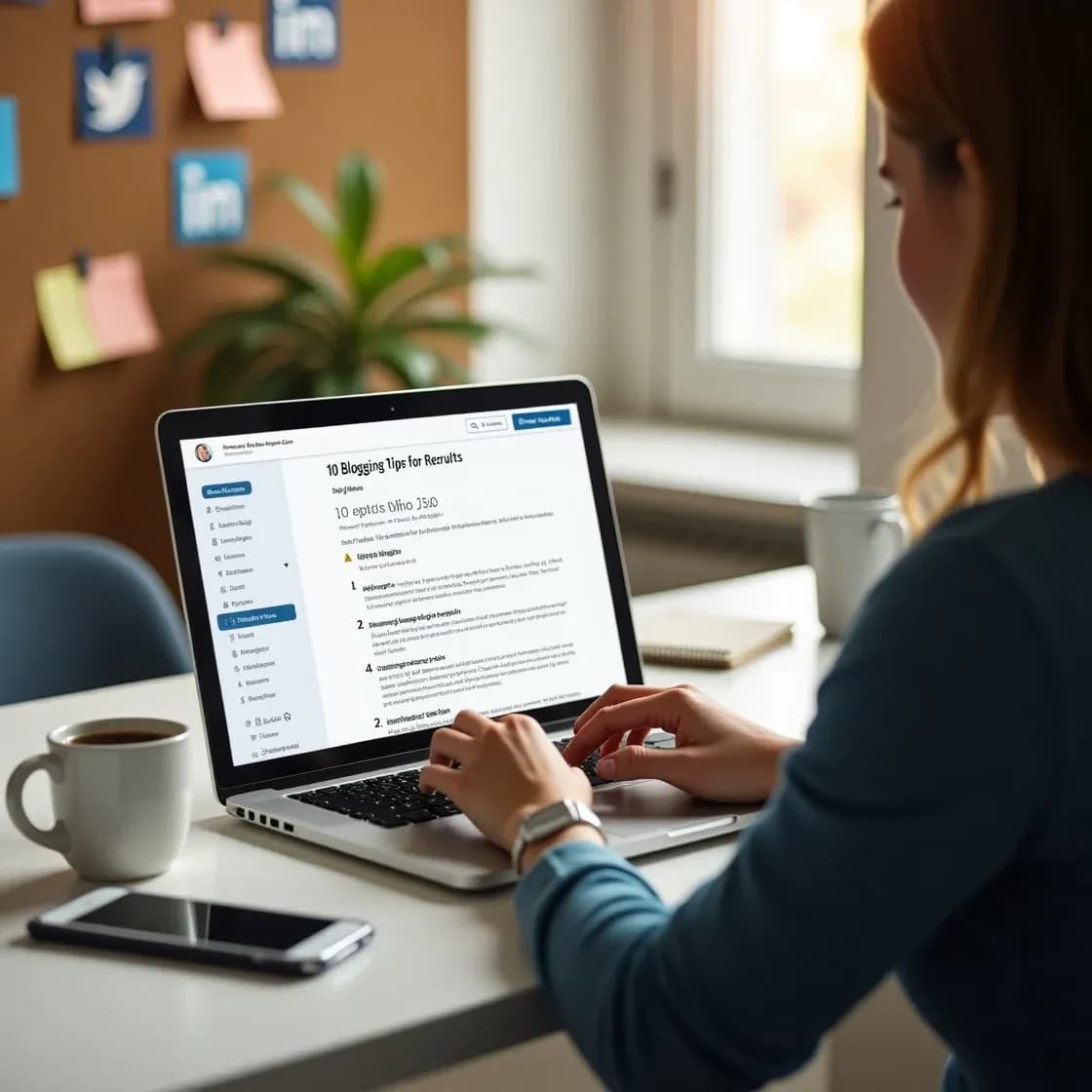 A recruiter typing a blog titled '10 Blogging Tips' on a laptop in a modern workspace, with clear subheadings, bullet points, and a comment section visible. The desk has a notebook, phone, and coffee mug, with social media icons on a corkboard in the background.