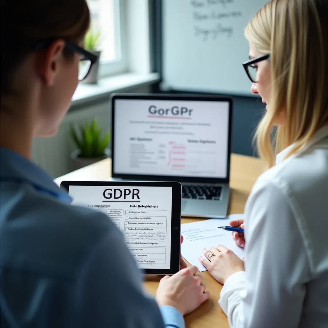 Recruiter or data officer reviewing highly realistic GDPR compliance requirements on digital devices in an organized workspace.
