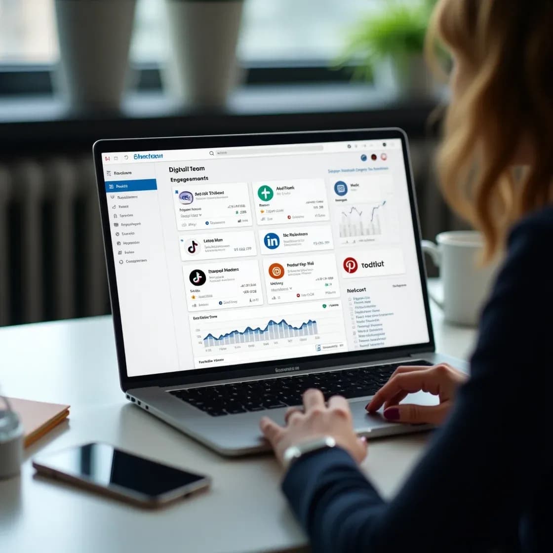 Highly realistic image of a recruiter’s laptop showing a marketing dashboard with Instagram, TikTok, LinkedIn, Reddit, and Pinterest icons. The modern workspace includes a coffee mug, smartphone, and branded notepad, conveying professional digital outreach.