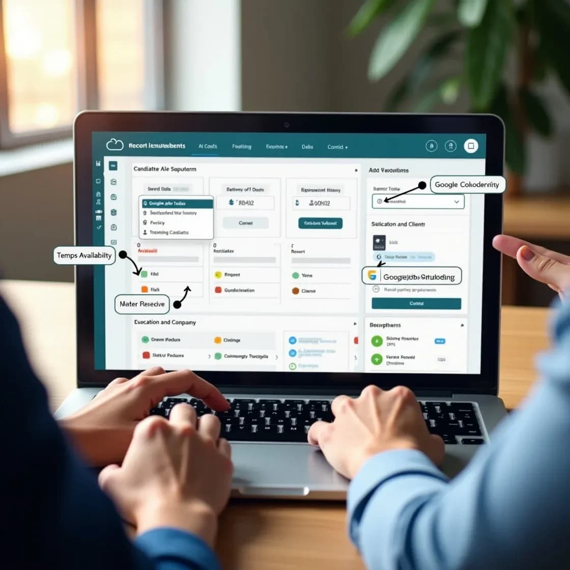 Recruiters reviewing Chameleon-i's updated interface with features like Temps Availability filters, GDPR opt-out alerts, Google Jobs referral counter, and new tabs for candidate history. UI displayed on a modern laptop with clean design and collaboration in progress.