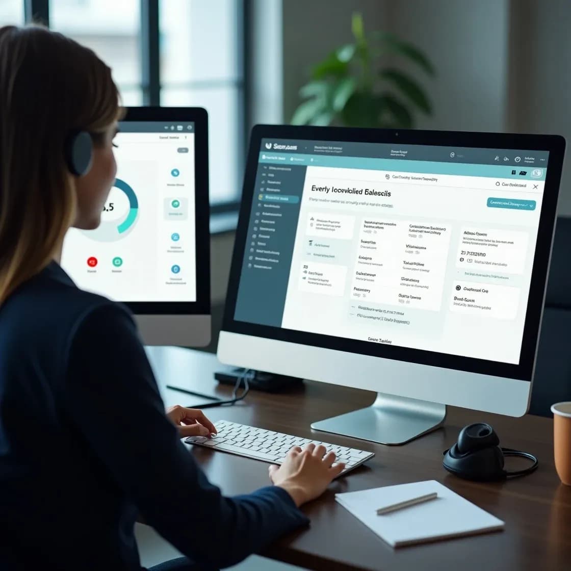 Highly realistic image of a recruitment consultant using Chameleon-i CRM with SYNETY CloudCall integration, showing a live call screen, pop-up alerts, and dashboard with call analytics.