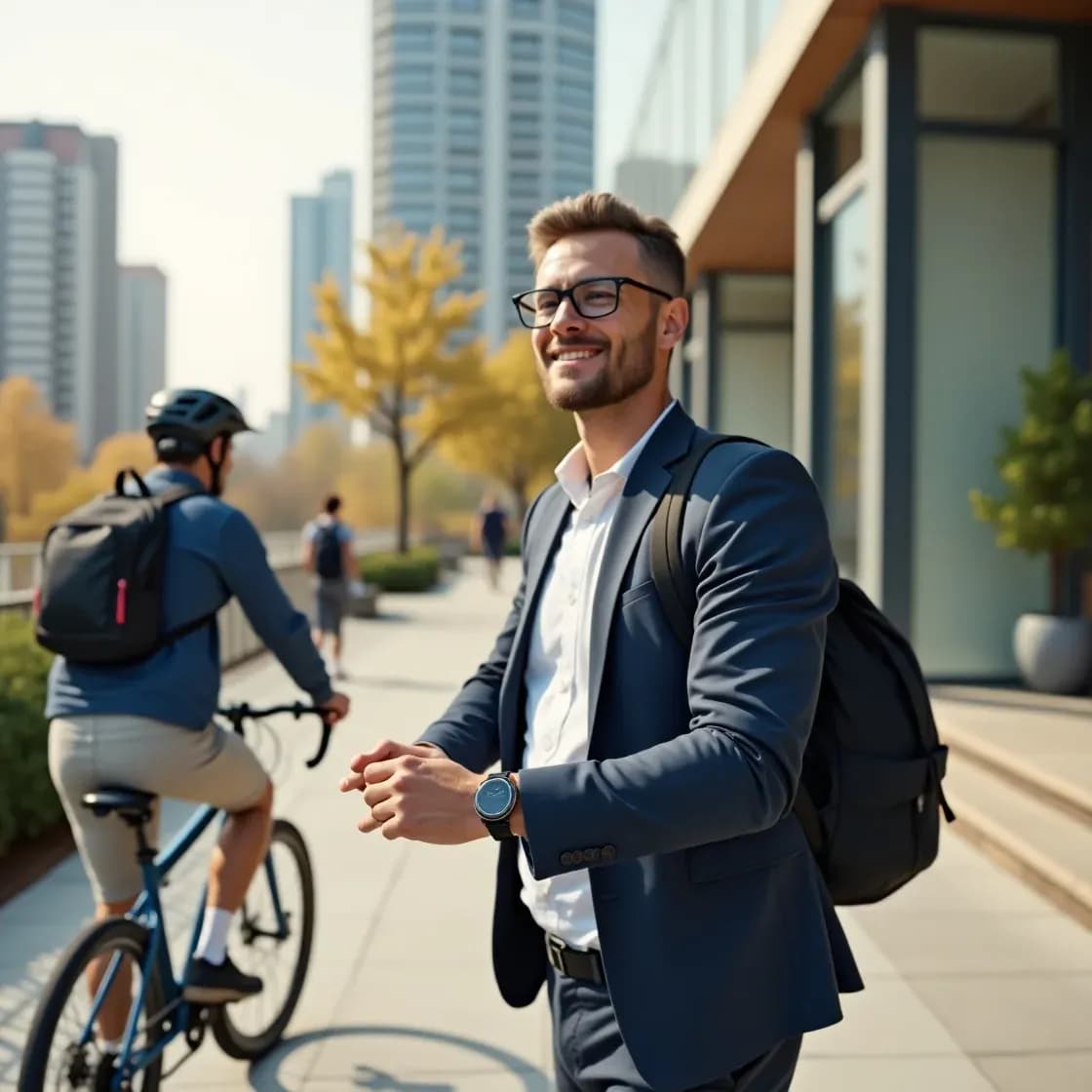 Office worker walking outdoors on a lunch break while wearing a fitness band, with an office building in the background and a calm, energizing atmosphere.