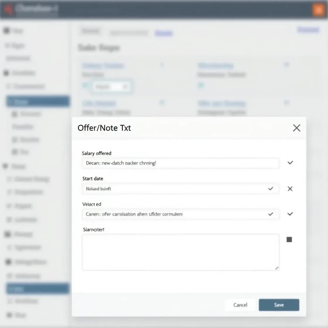 Realistic interface of Chameleon-i's Offer Action Wizard showing fields for entering job offer details, potential fee, and notes from within a candidate shortlist view.