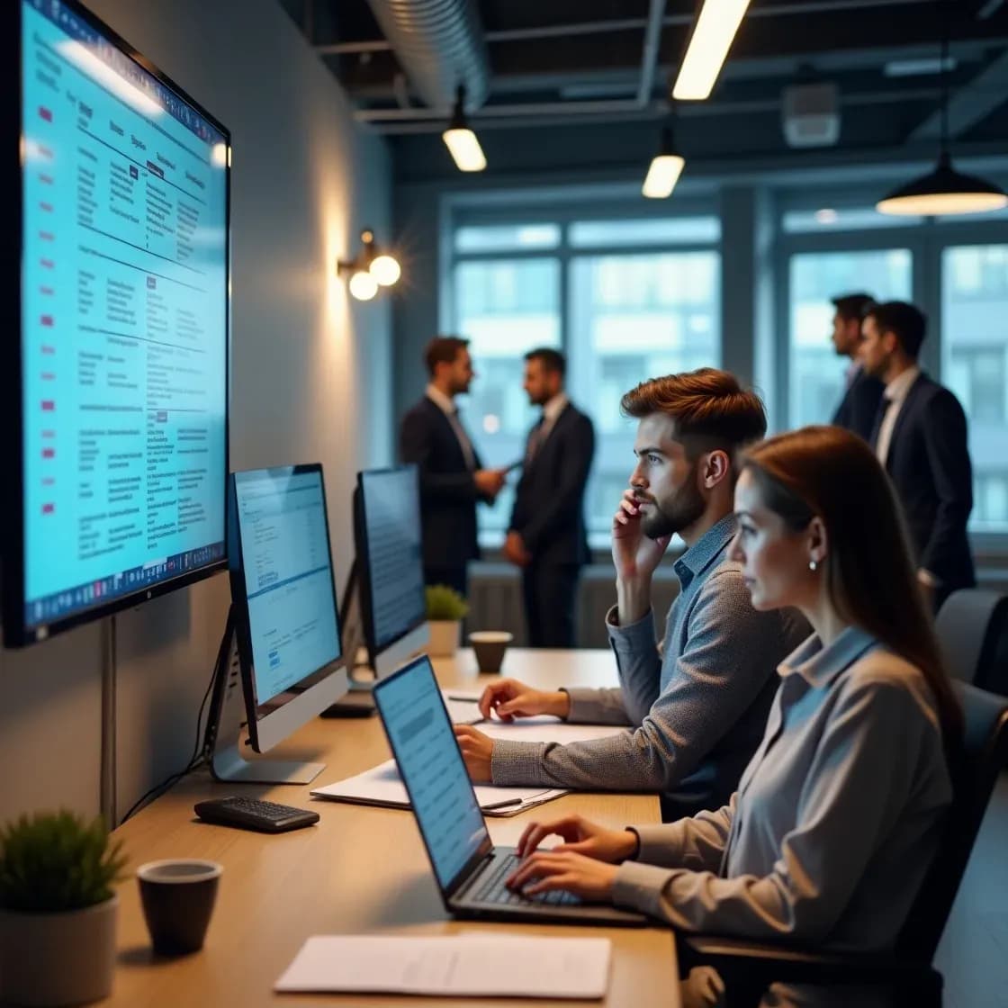 Realistic office scene of a recruitment agency team managing temp bookings, with digital scheduling, candidate check-ins, and communication tools in use.