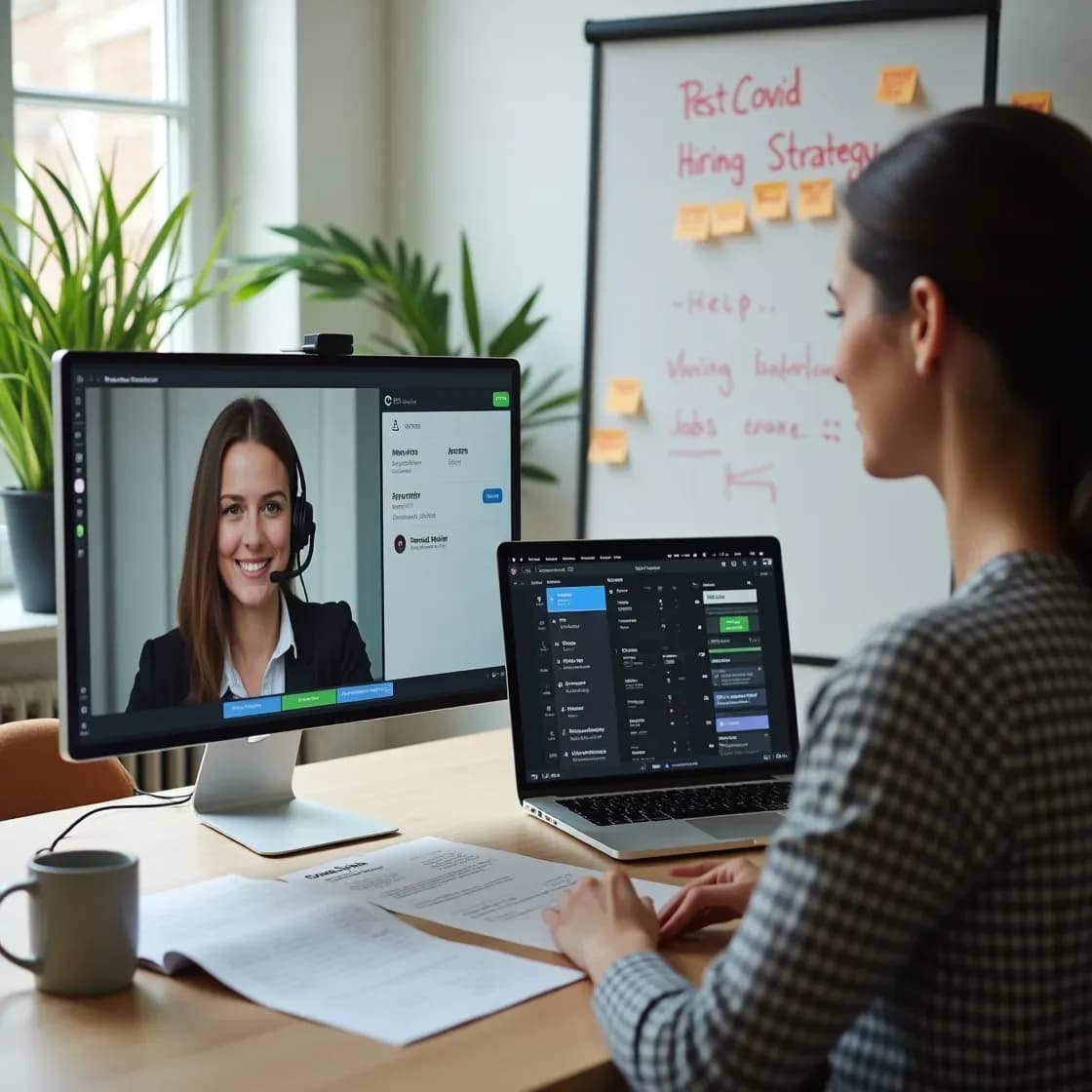 Recruiter conducting a remote interview from a home office, with a video call on a laptop, CRM software open on a second screen, and notes labeled 'Interim Roles' reflecting the shift in recruitment post-pandemic.