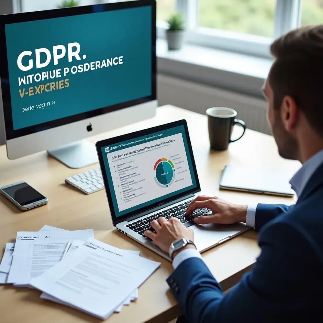 Recruiter reviewing a highly realistic GDPR checklist infographic and webinar replay in a compliance-focused office.