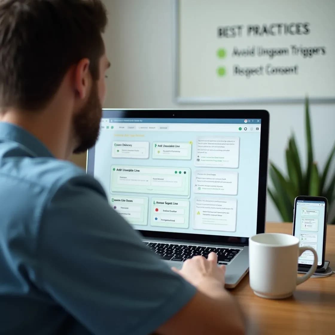 Recruiter reviewing email marketing performance and best practice checklist on a laptop and smartphone using recruitment software.