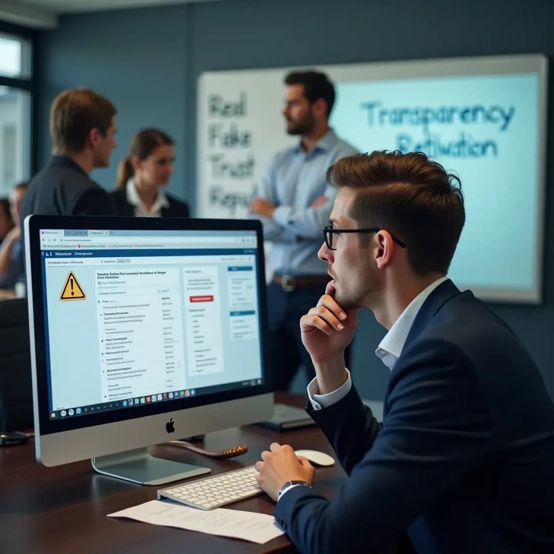 Recruiter reviewing job listings with a focus on transparency and ethics in a modern office.