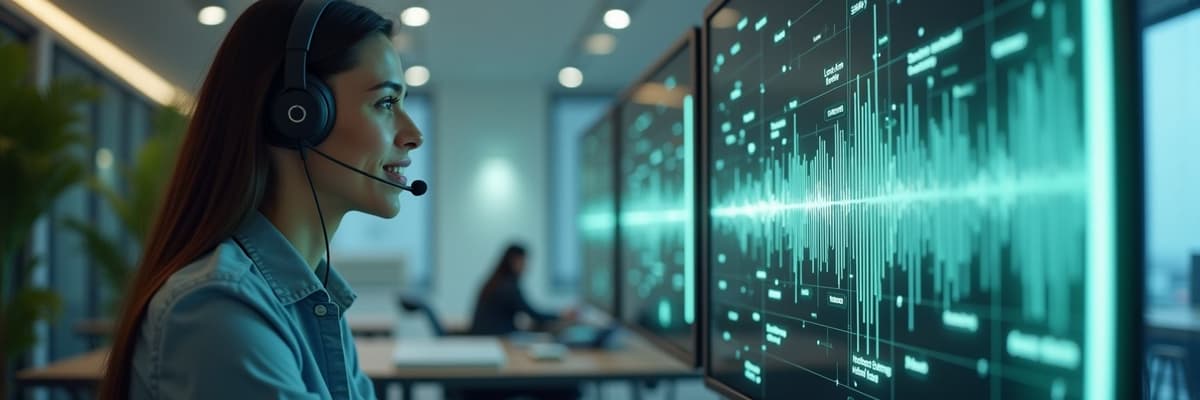 Recruiter using AI-powered voice call software to speak with a candidate, with on-screen call analytics like sentiment and keyword detection.