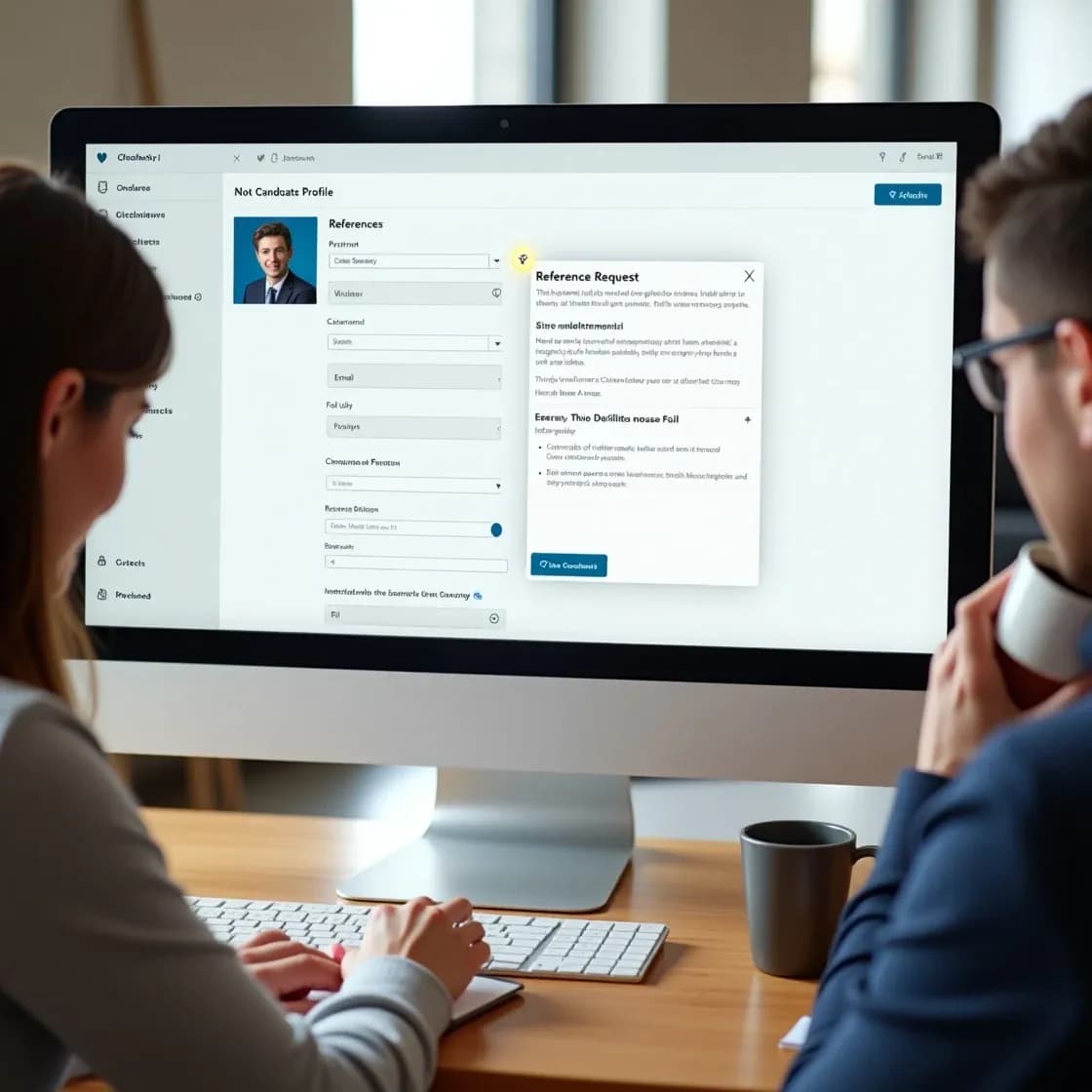 Recruiter using Chameleon-i's candidate reference feature, with a reference request email wizard open on screen and a follow-up reminder being set.