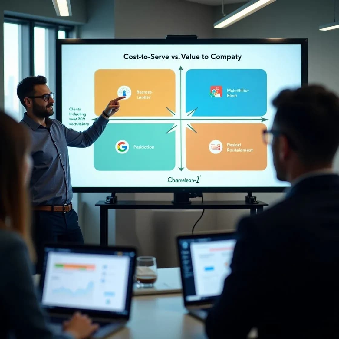 Recruiters analyzing a quadrant chart to identify profitable client niches in a modern office.