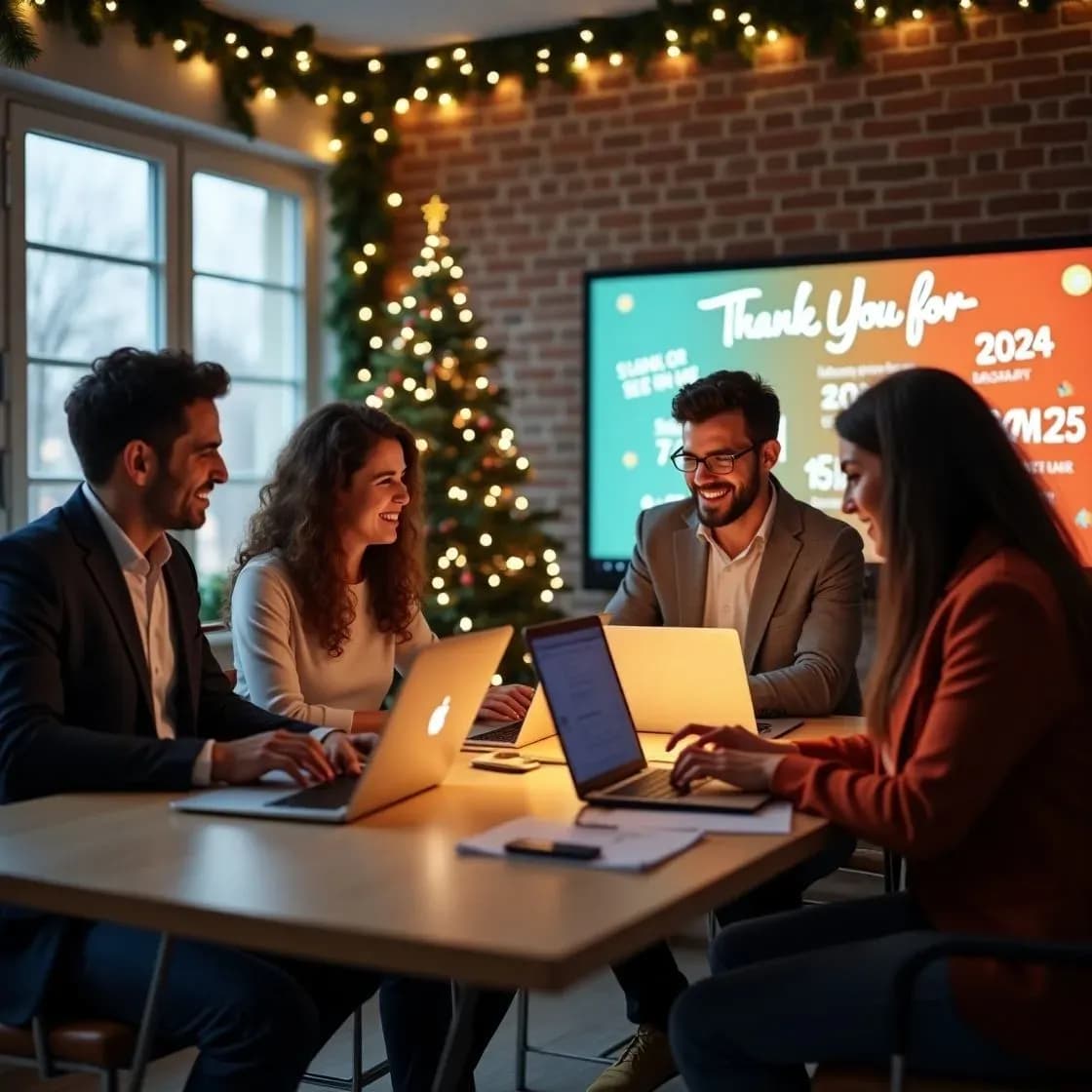 Recruiters in a festive office wrapping up 2024, sending holiday messages and reflecting on the year.webp