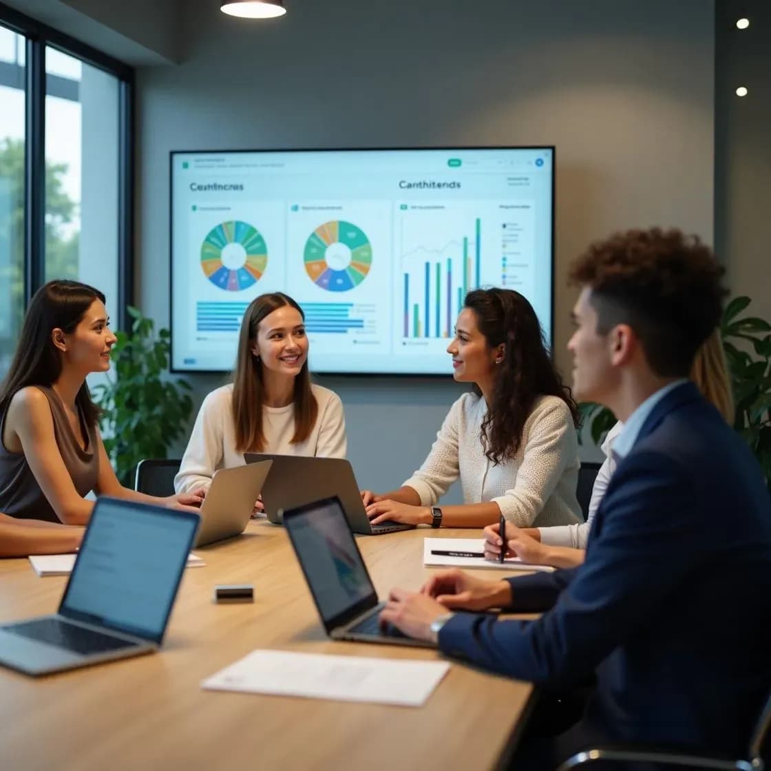 Recruiters reviewing candidate scores on screen in modern office.webp