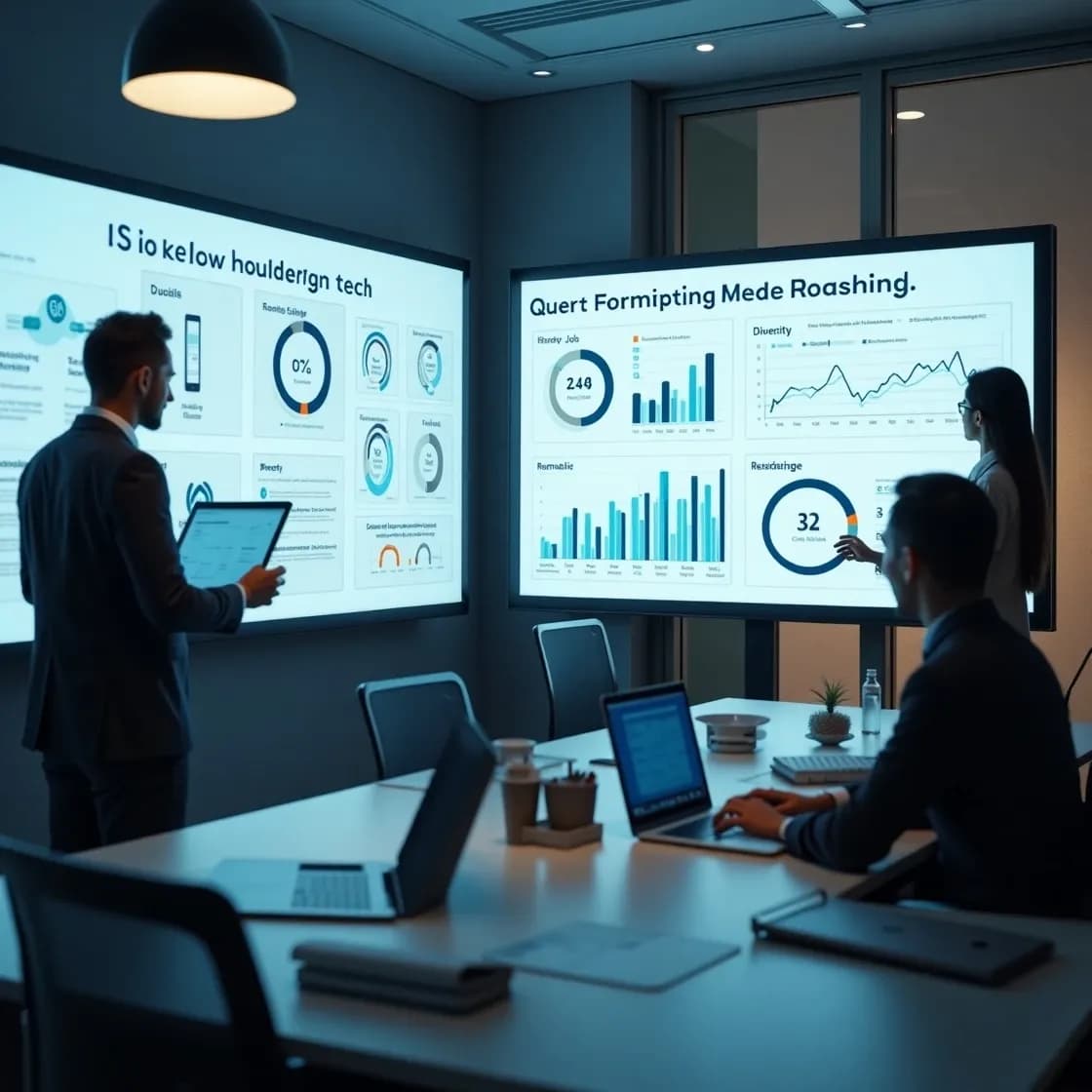 Recruiters using AI-powered tools and dashboards to plan for the future of recruitment in a modern tech-enabled office.
