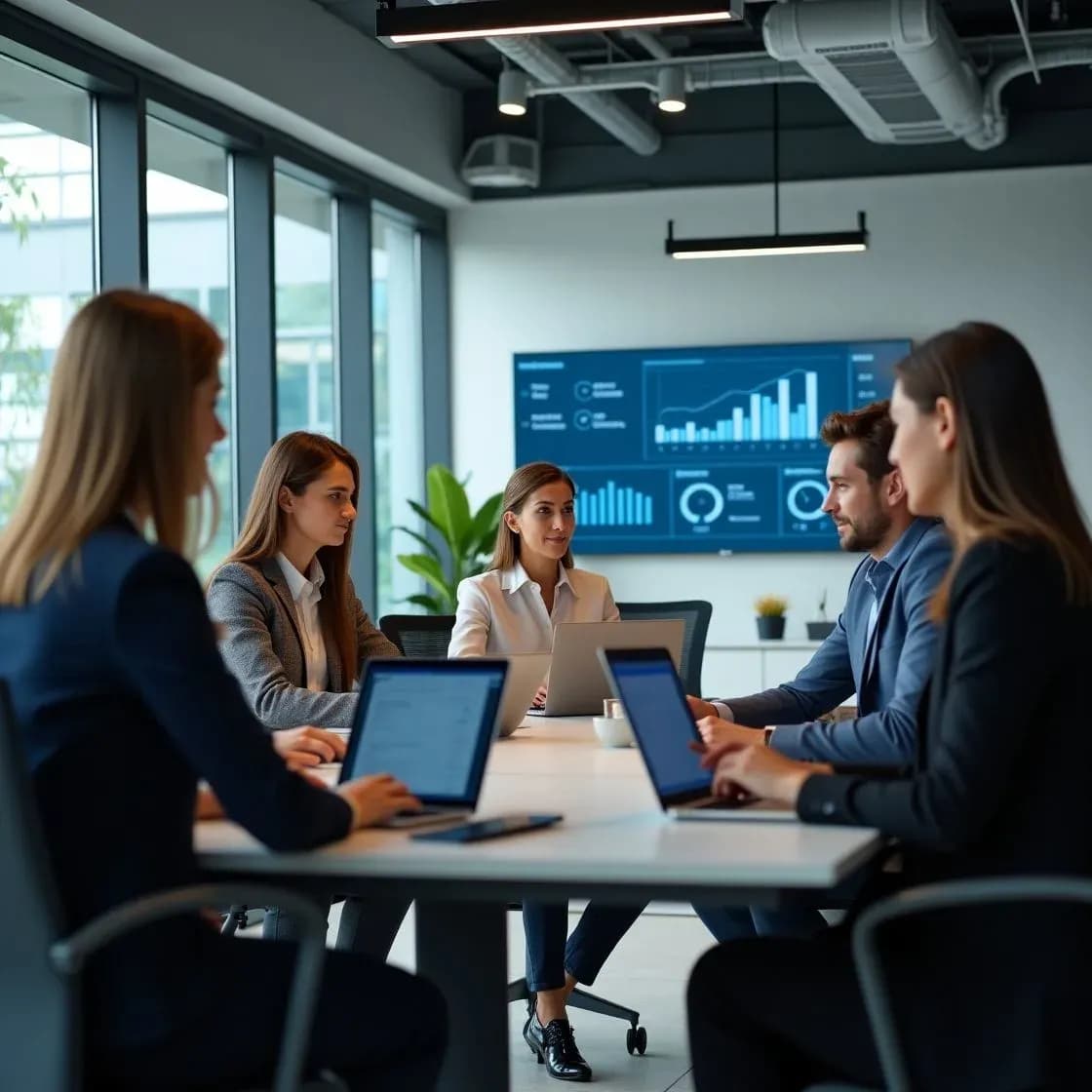 Recruiters using AI tools and dashboards in a modern office, planning for 2025 success.