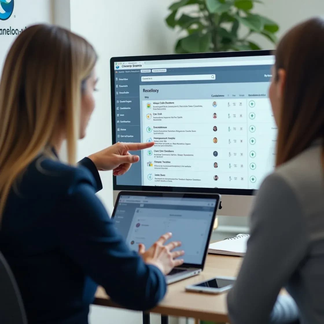 Recruiters using Chameleon-i, discussing results from a global search across candidates, clients, and vacancies.