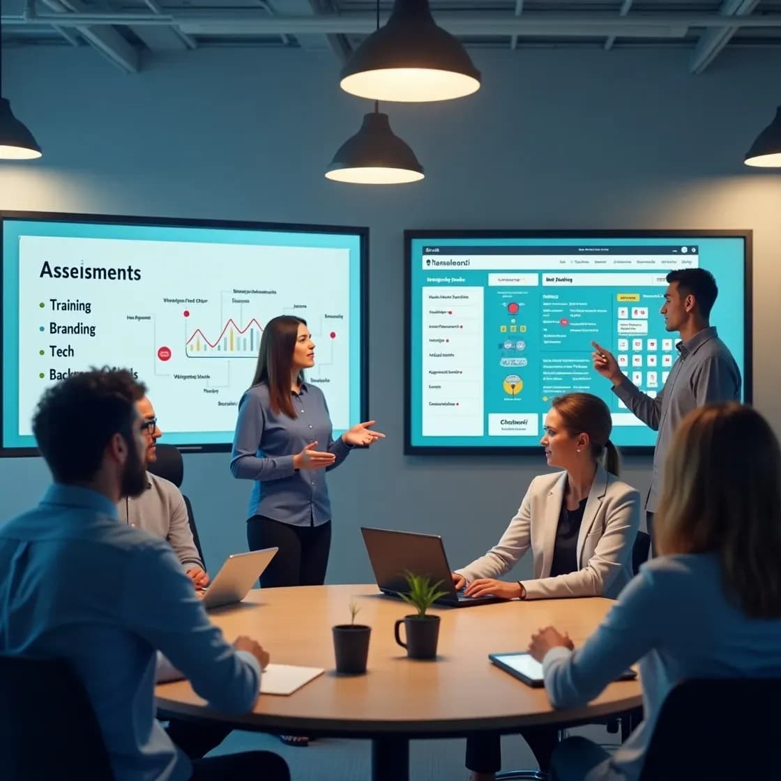 Recruiters using advanced tools for assessments, training, and background checks in a modern office.