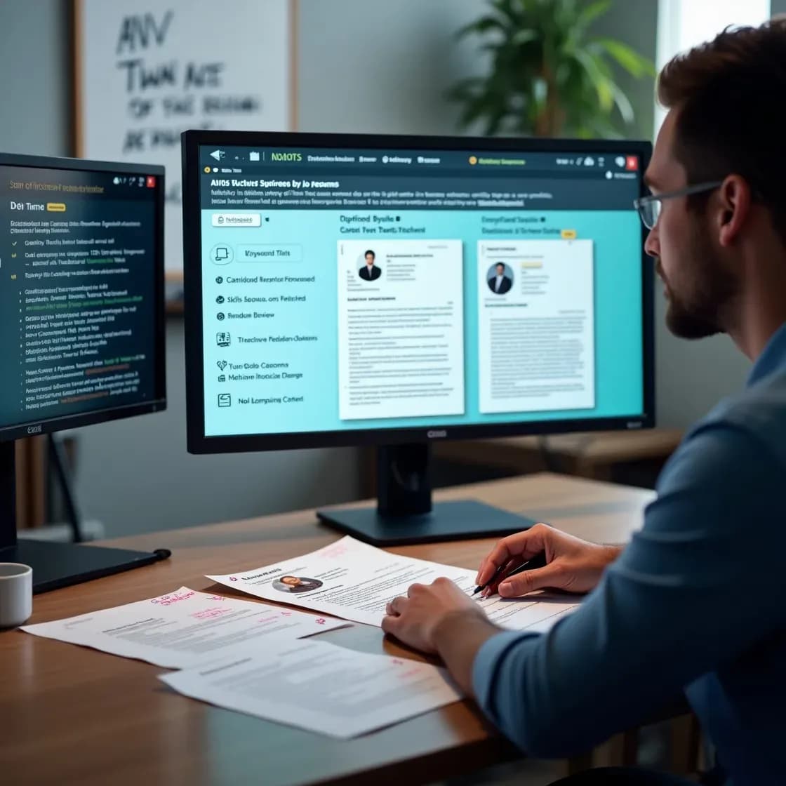 Recruitment manager reviewing keyword-optimized resumes flagged by ATS alongside tailored job requirements.