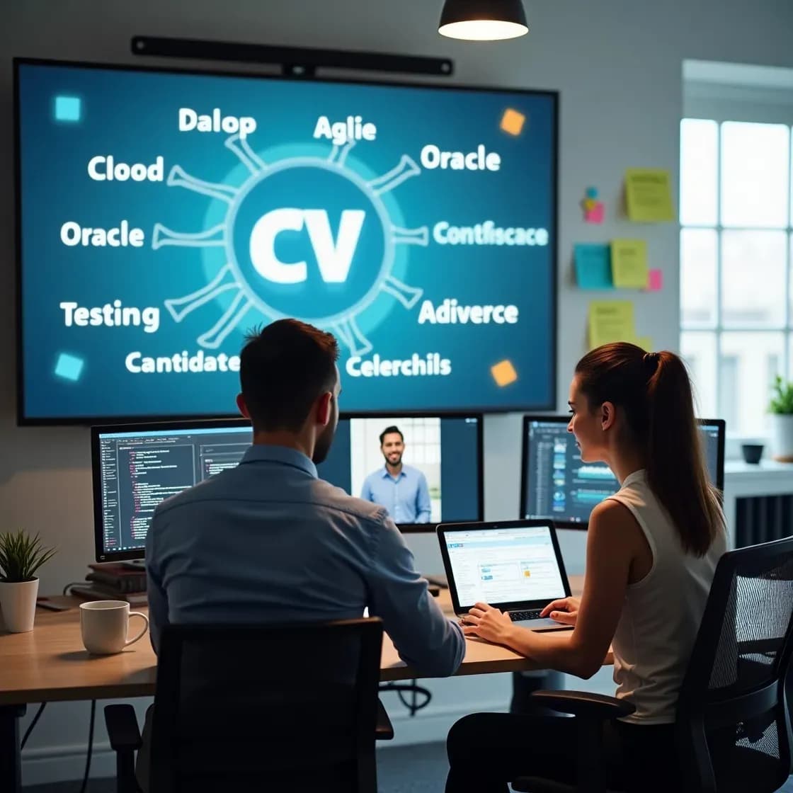 Two IT recruiters in a modern office reviewing CVs and discussing job requirements, with technical terms like “Agile” and “Oracle” on a digital screen behind them.