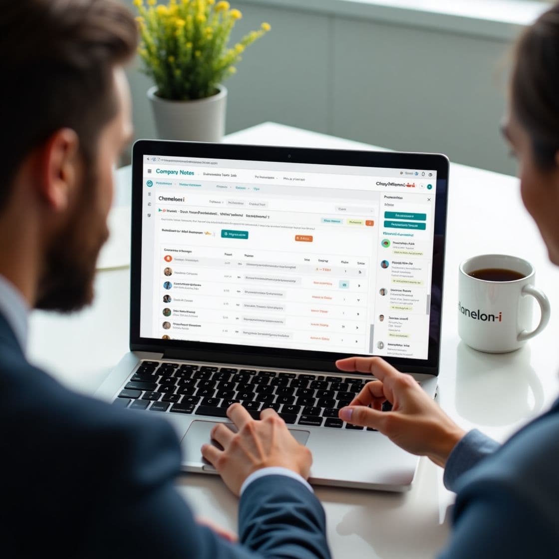 Two professionals review a Chameleon-i Company Notes grid showing the new note button and client contact column on a laptop.