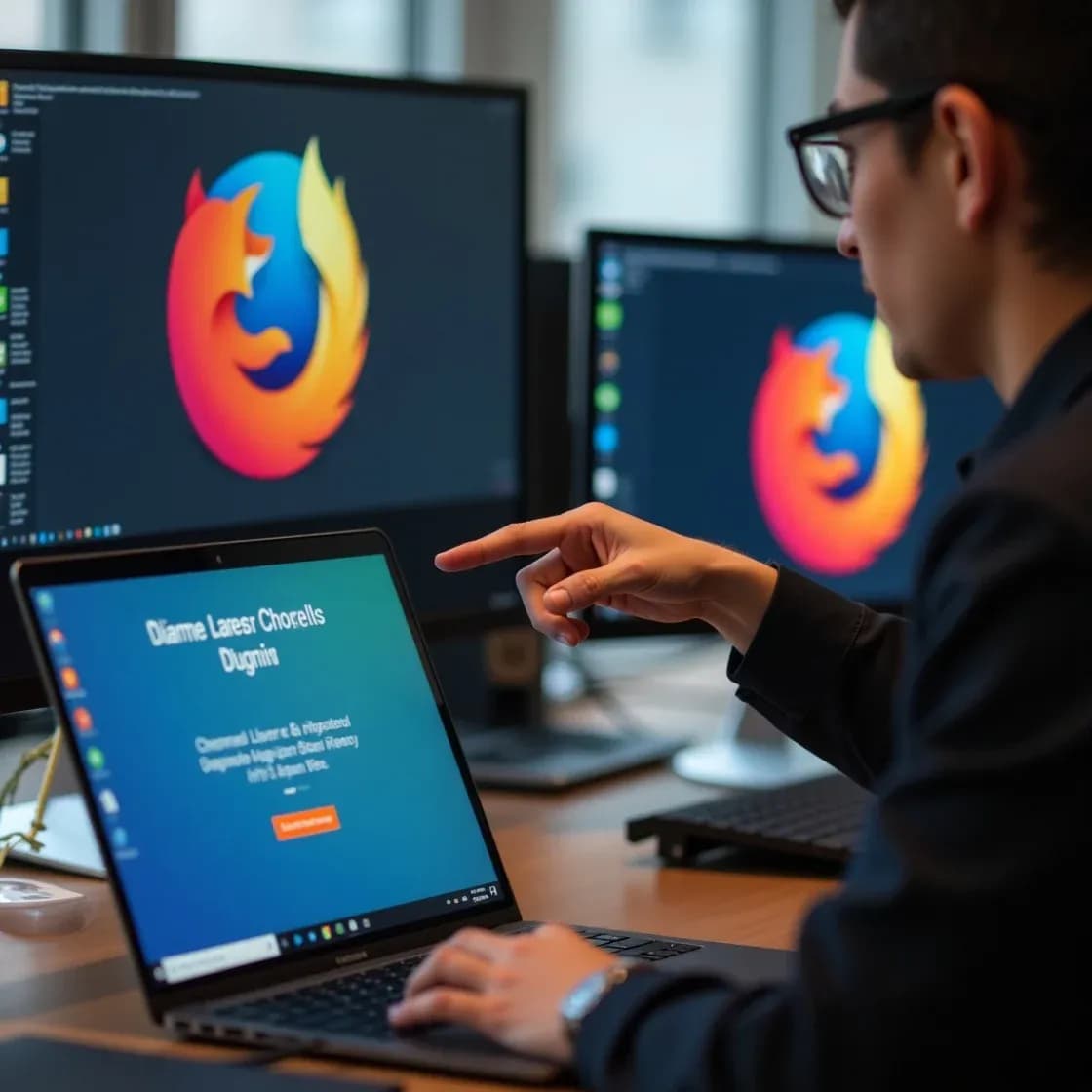 Two professionals review a Chrome plugin update on their laptops, preparing Chameleon-i’s new HTML5 solution while Firefox runs in the background.