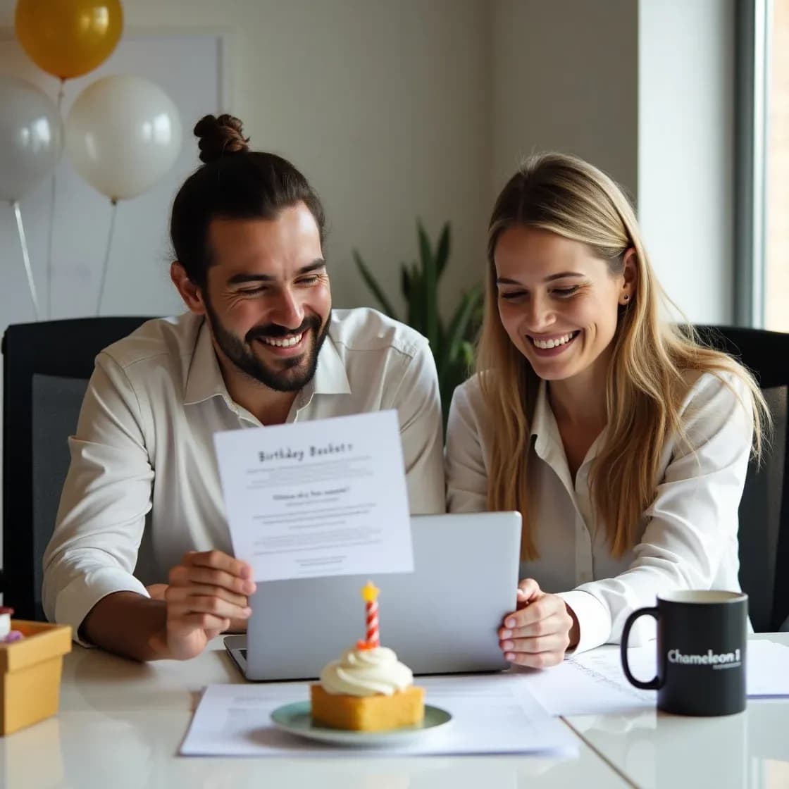 Two recruiters preparing birthday emails at a modern office desk, with a list of candidates and birthday decorations.