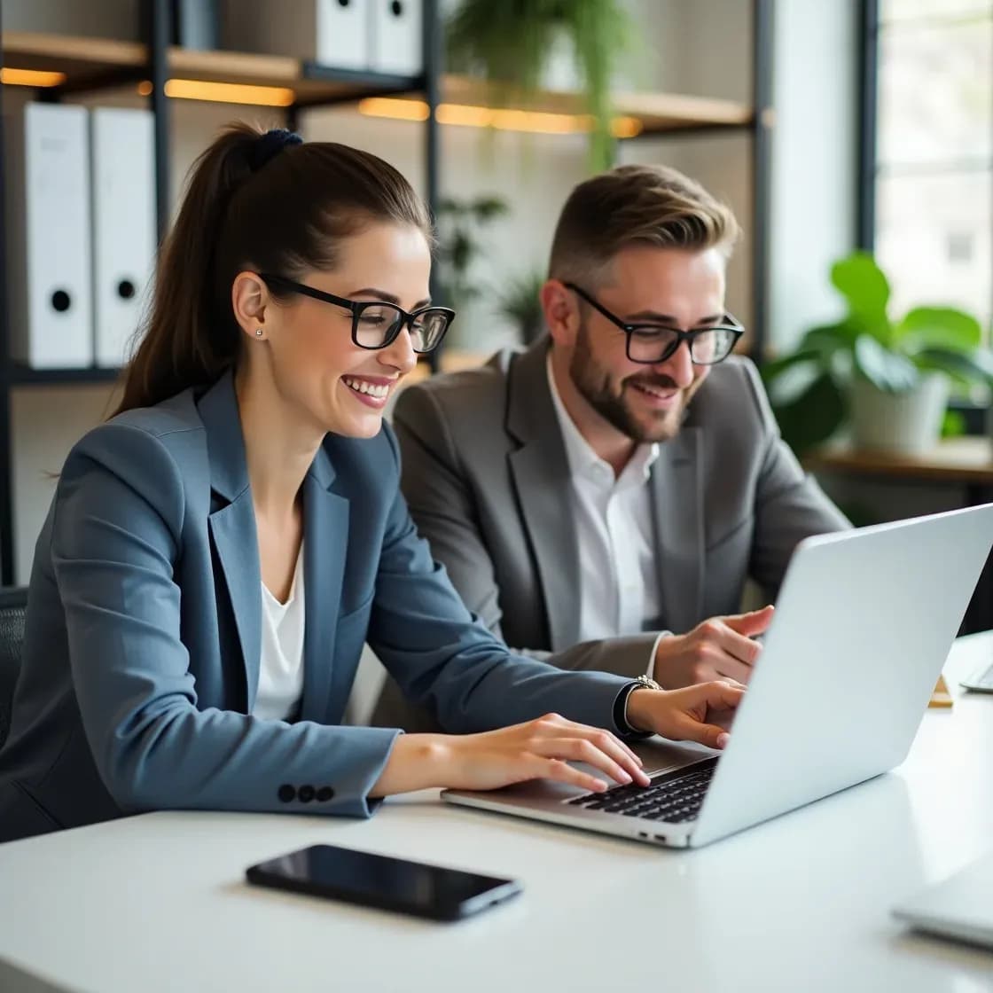 Two recruiters working together on laptops in a bright modern office, discussing messages with a phone on the desk showing a notification.